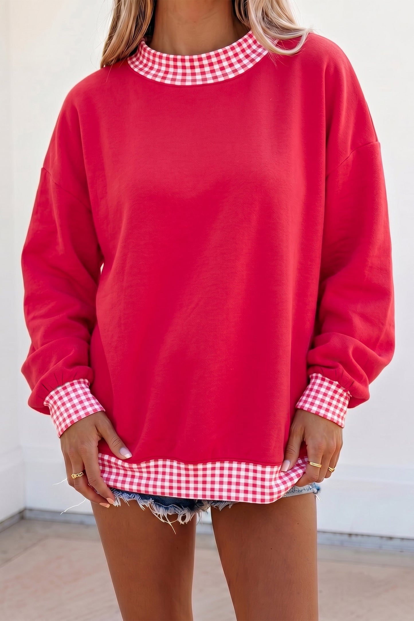 Gingham Contrast Trim Long Sleeve Sweatshirt