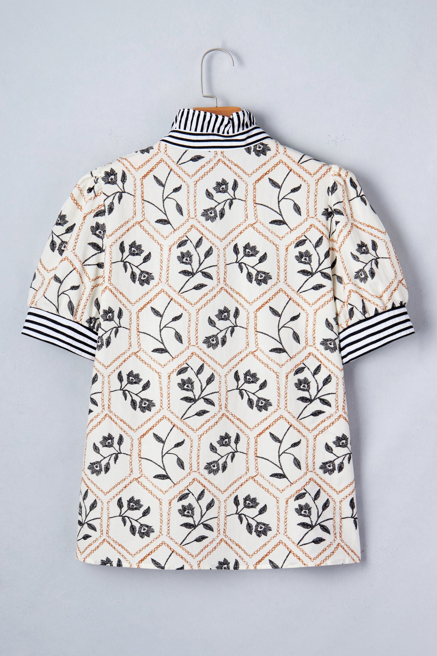 Floral Stripe Patchwork Button Neck Blouse