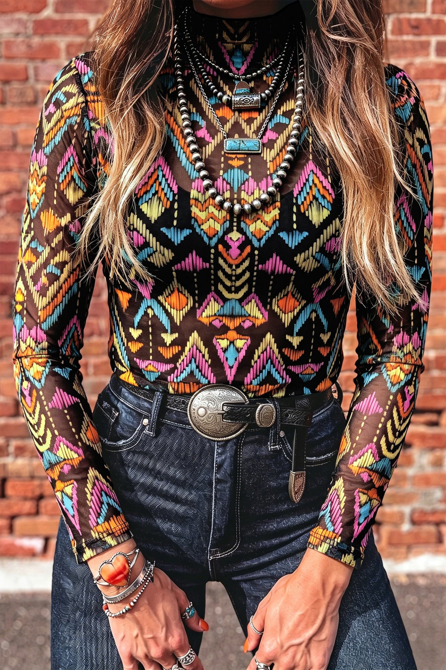 Aztec Mesh Mock Neck Long Sleeve Top