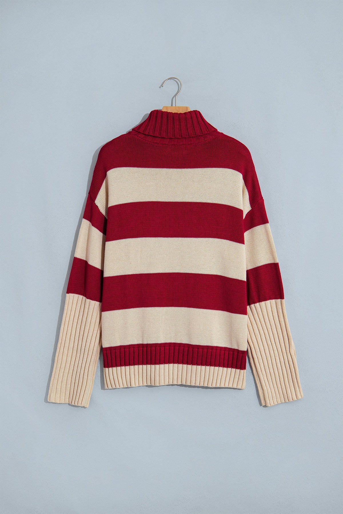 Stripe Ribbed Trim Turtleneck Drop Shoulder Sweater