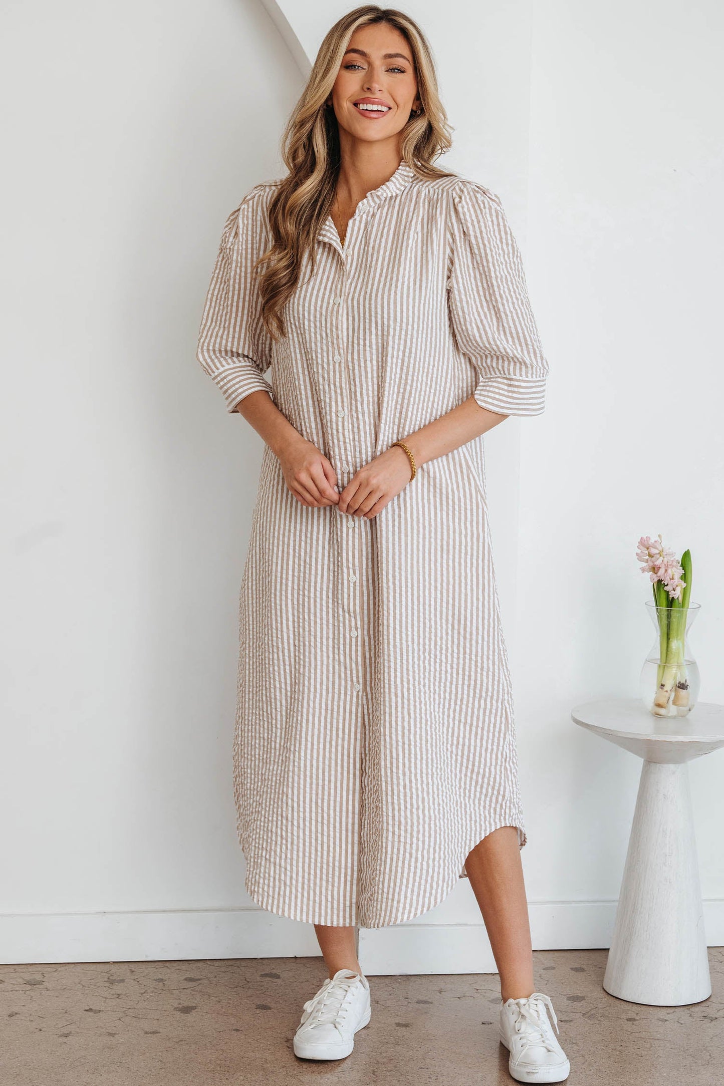 Stripe Frilled Collar 3/4 Sleeve Maxi Dress