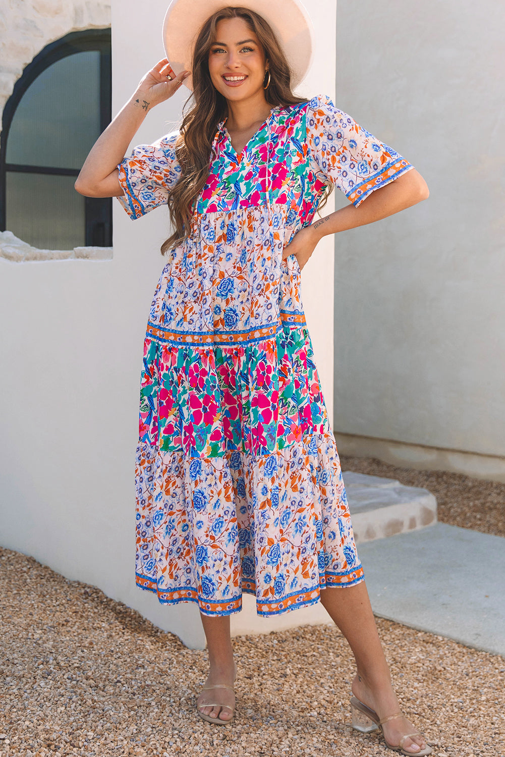 Floral Tie Split Neck Short Sleeve Dress