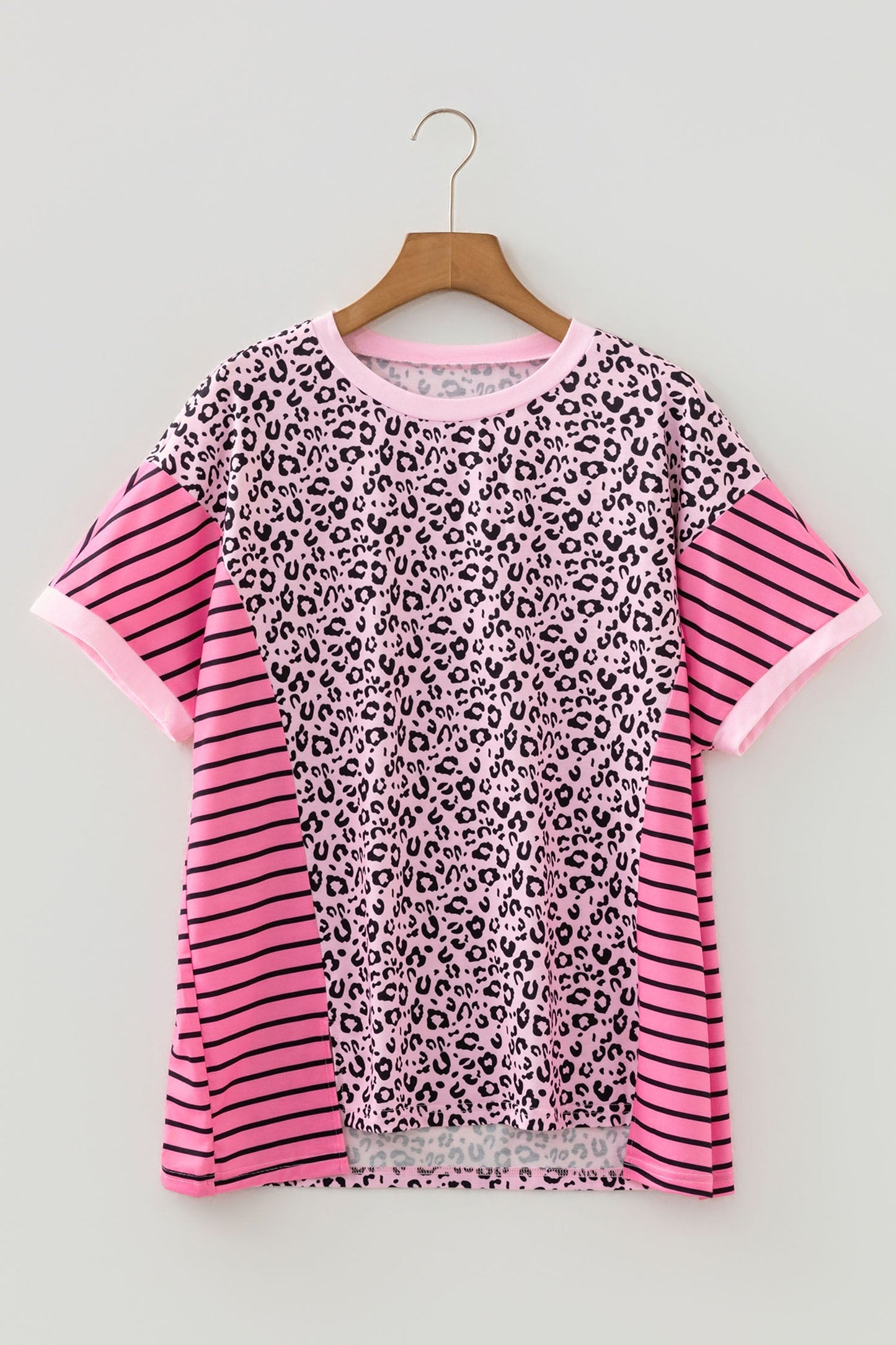 Plus Size Leopard Stripe Contrast Patchwork Tee