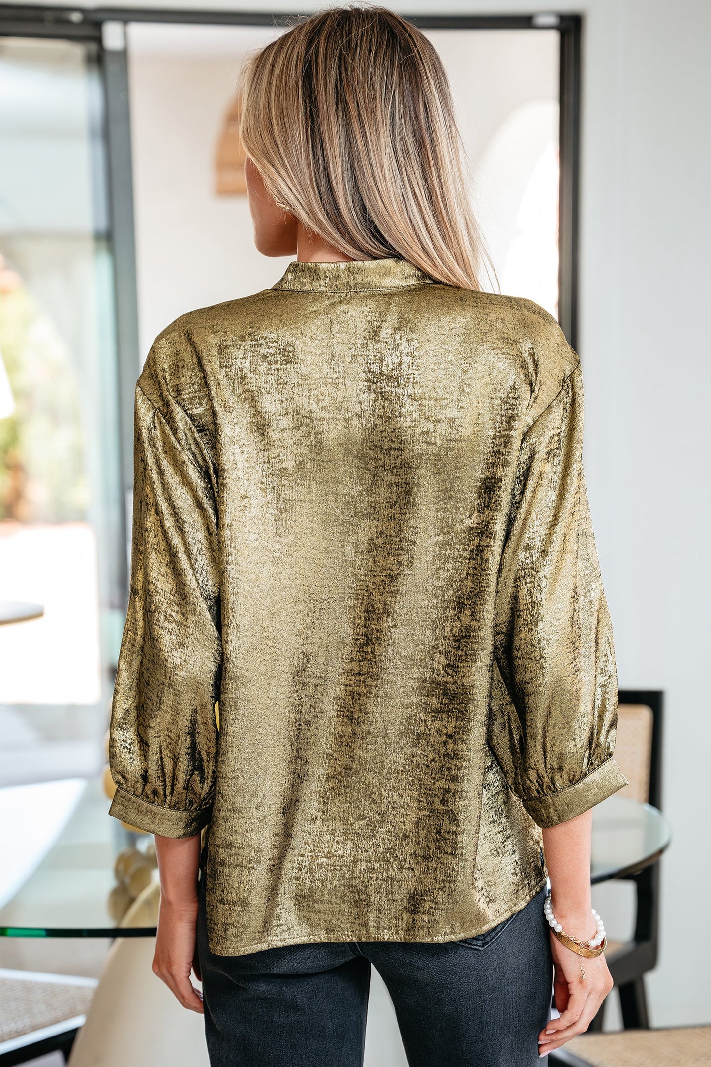 Metallic Split Neck 3/4 Sleeve Blouse