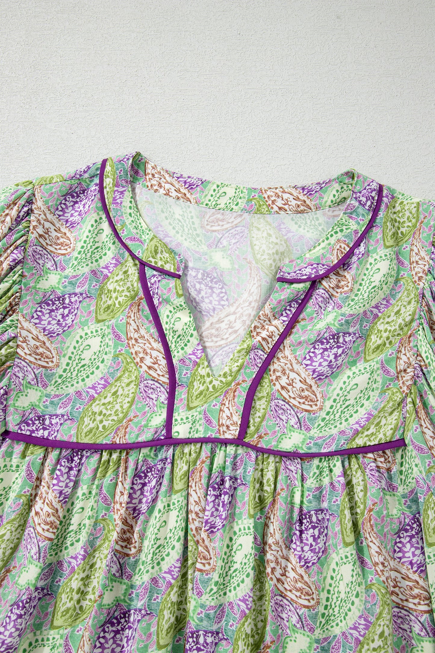 Boho Paisley Short Puff Sleeve V-Neck Blouse