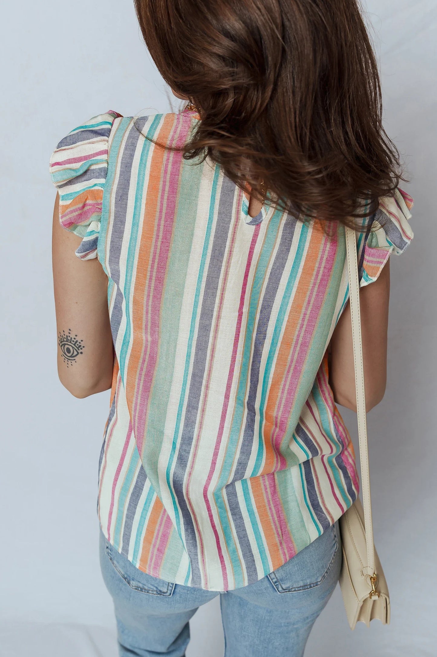 Lace Hollow-Out Flutter Sleeve Stripe Blouse