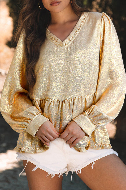 Solid Metallic V-Neck Puff Sleeve Babydoll Blouse