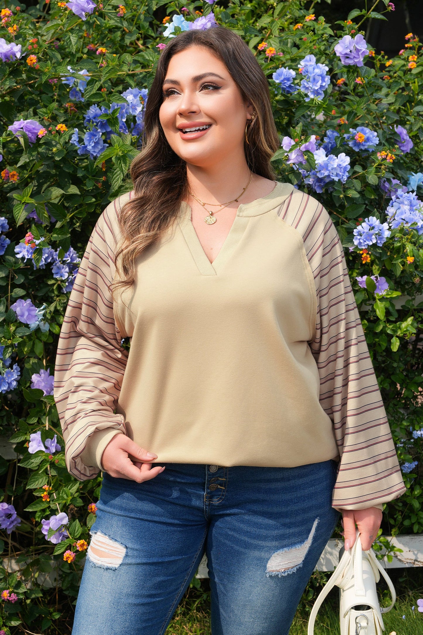 Plus Size Raglan Sleeve Stripe Notch-Neck Jumper