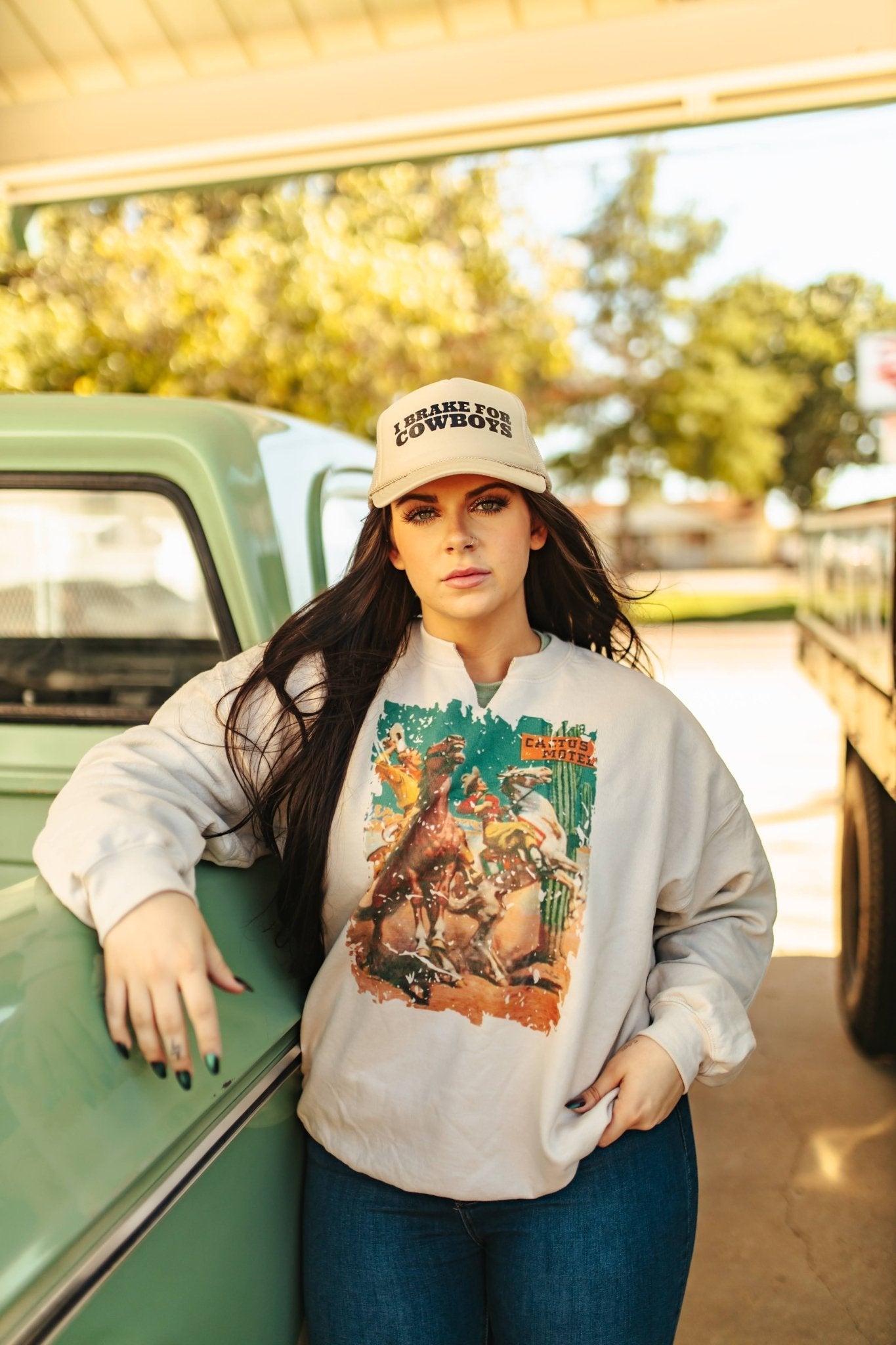 Cactus Motel Raw Cut V-neck Western Graphic Sweatshirt