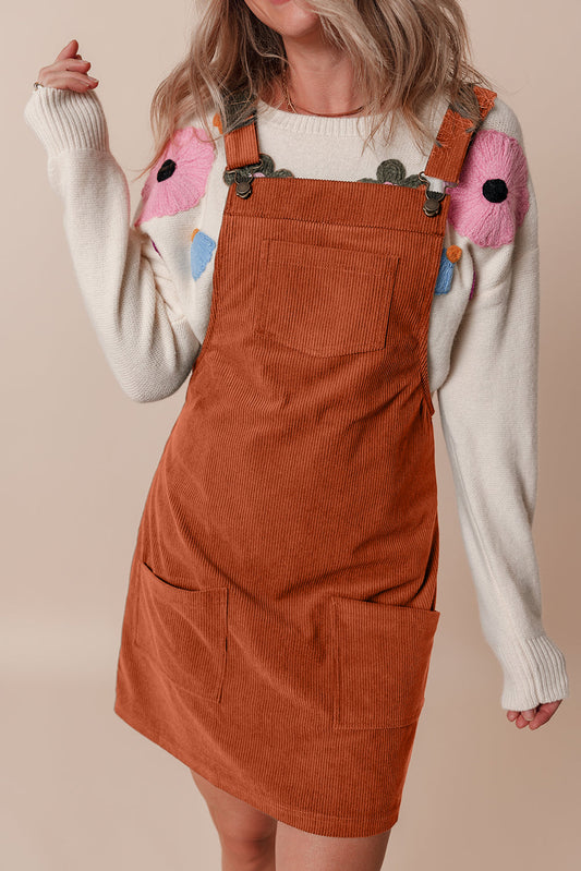Solid Corduroy Front Pockets Sleeveless Dress