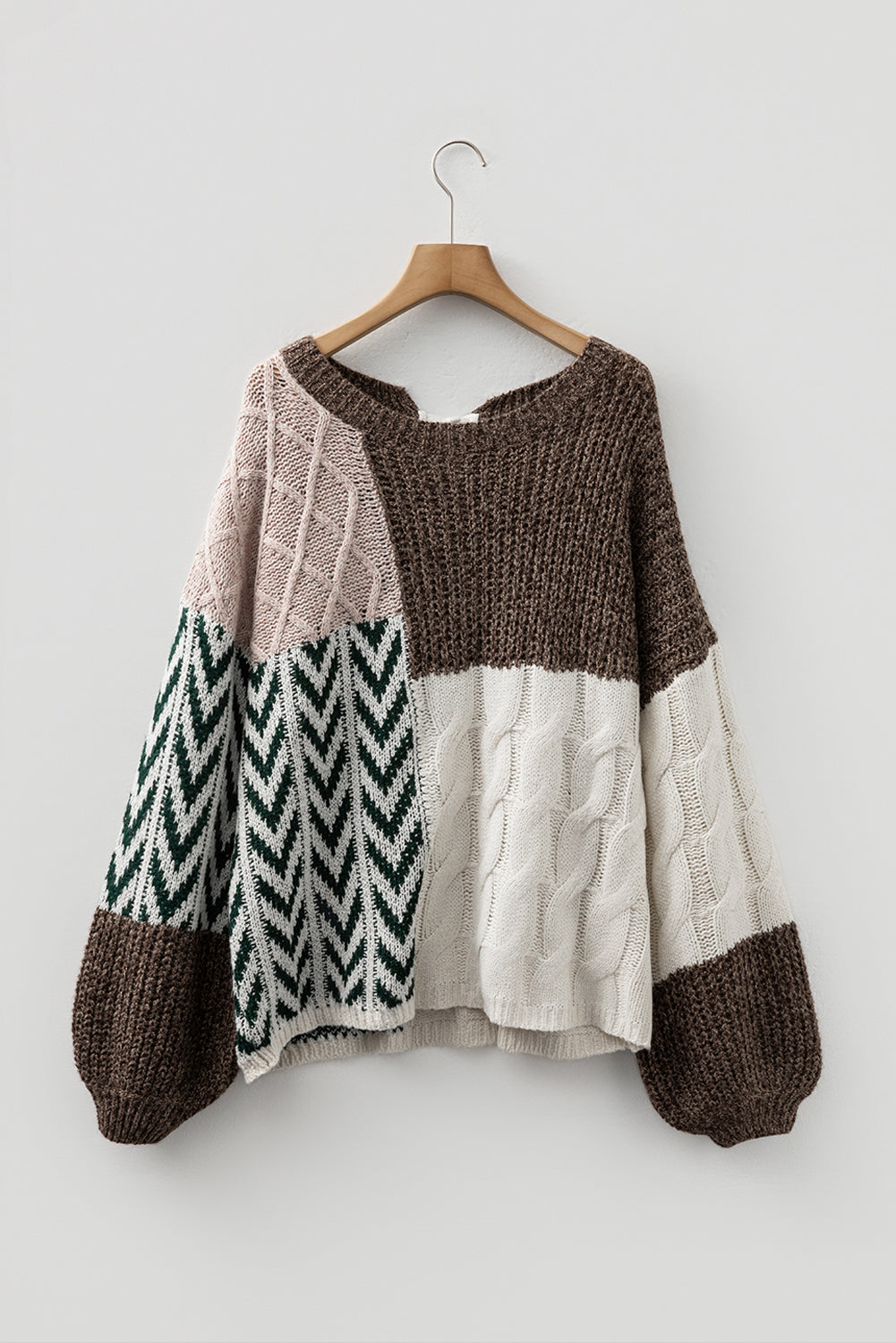 Colorblock Cable Knit Patchwork Tied Back Sweater