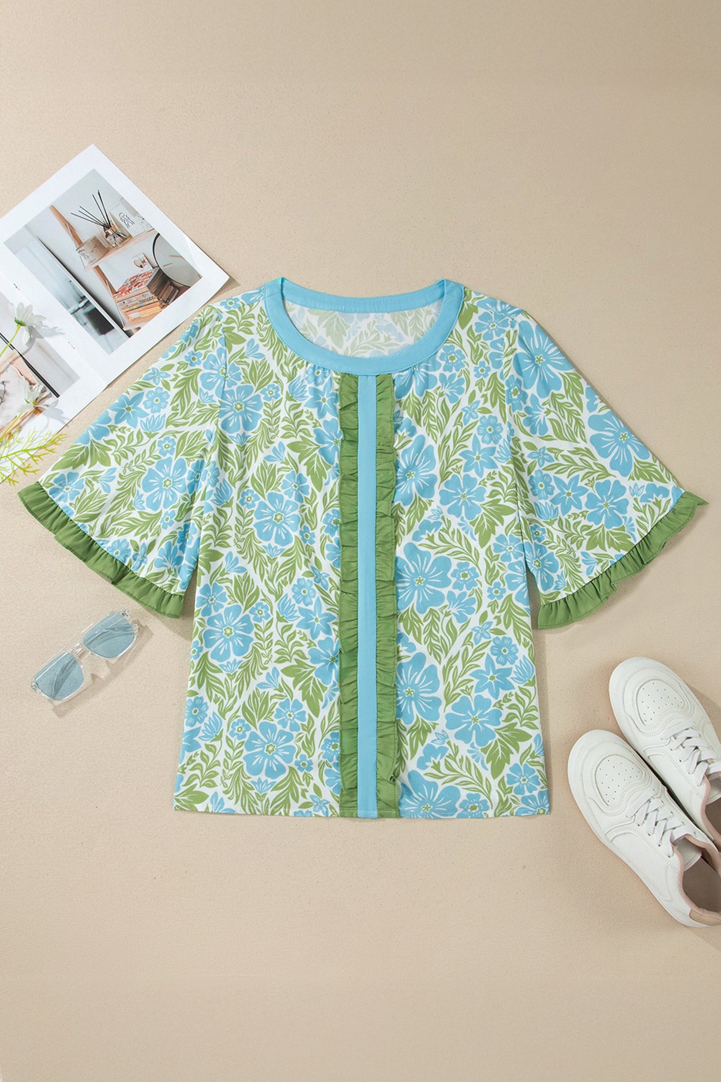 Floral Ruffle Colorblock Trim Short Sleeve Blouse