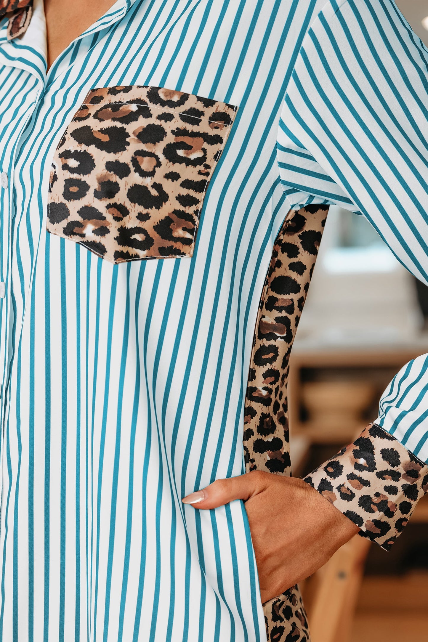Leopard Patchwork Stripe Shirt Dress with Slits