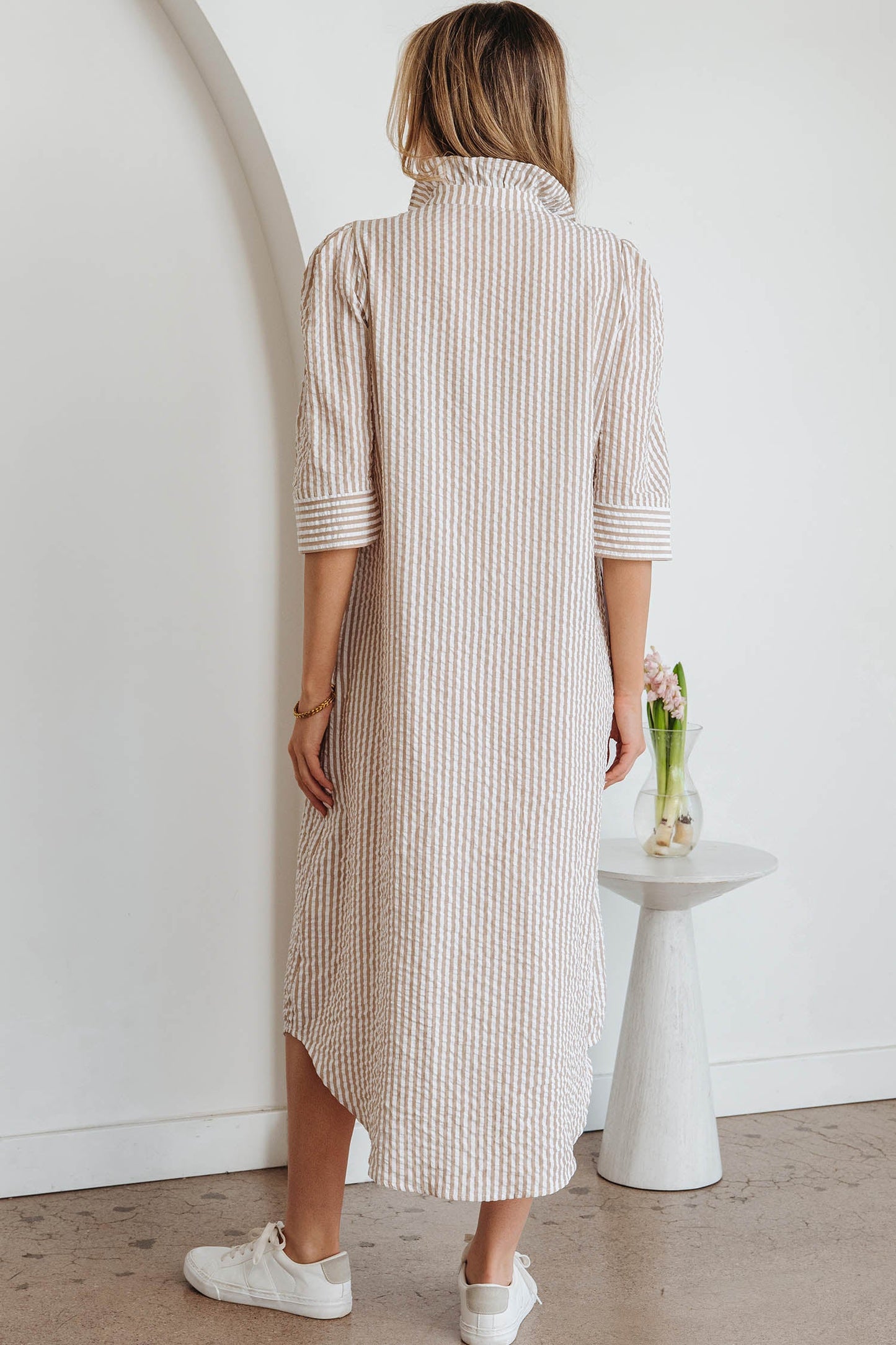 Stripe Frilled Collar 3/4 Sleeve Maxi Dress