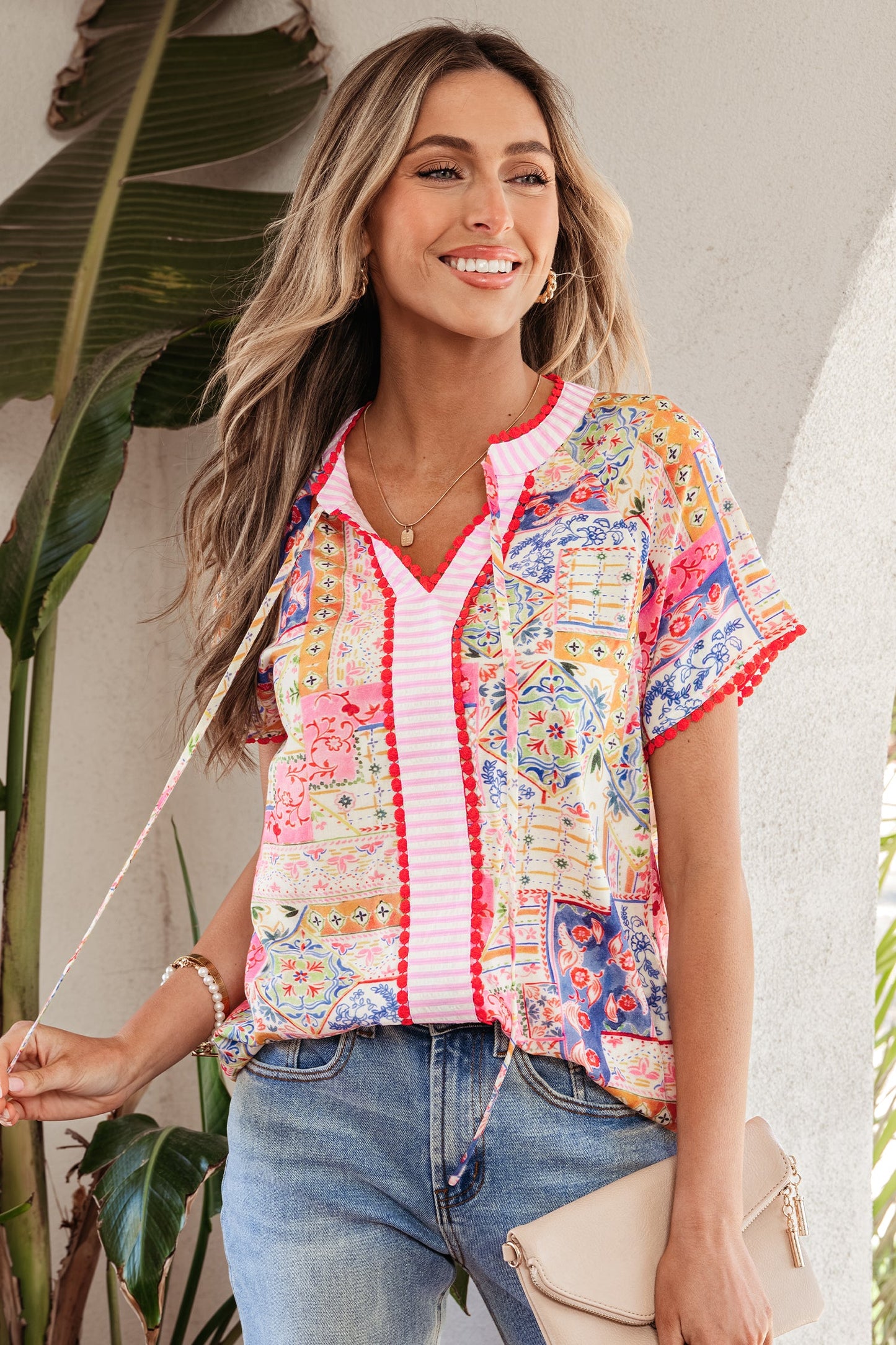 Boho Patchwork Tied V-Neck Short Sleeve Blouse