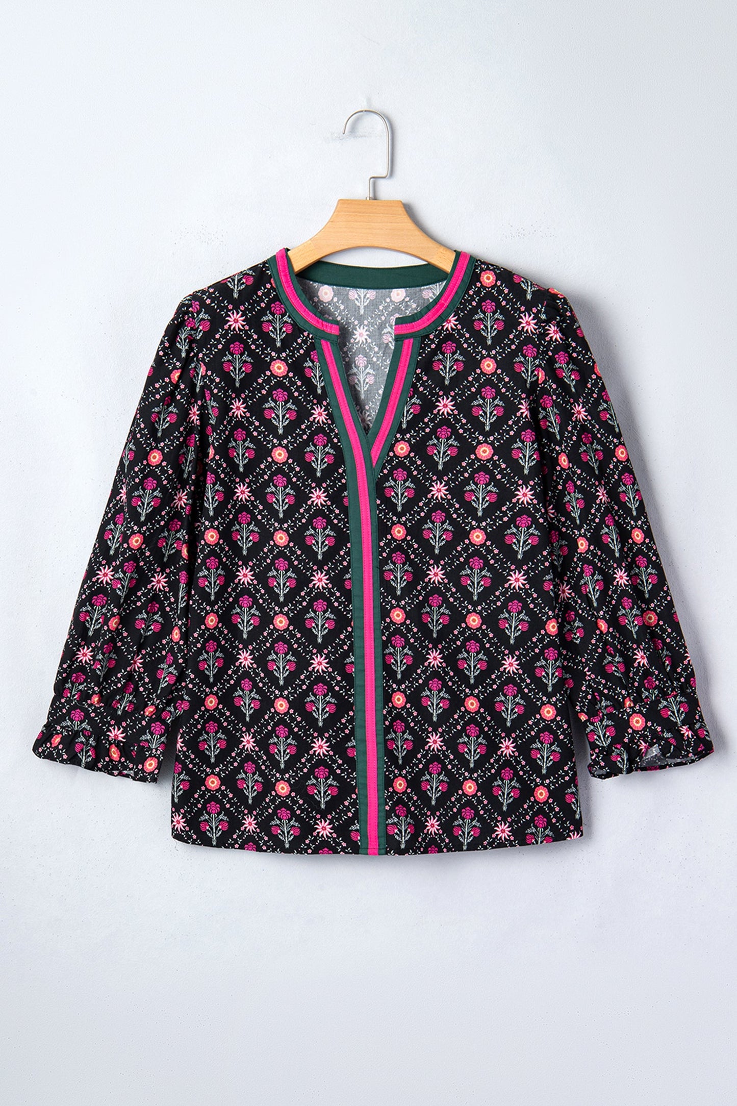 Floral Contrast V-Neck Bracelet Sleeve Blouse