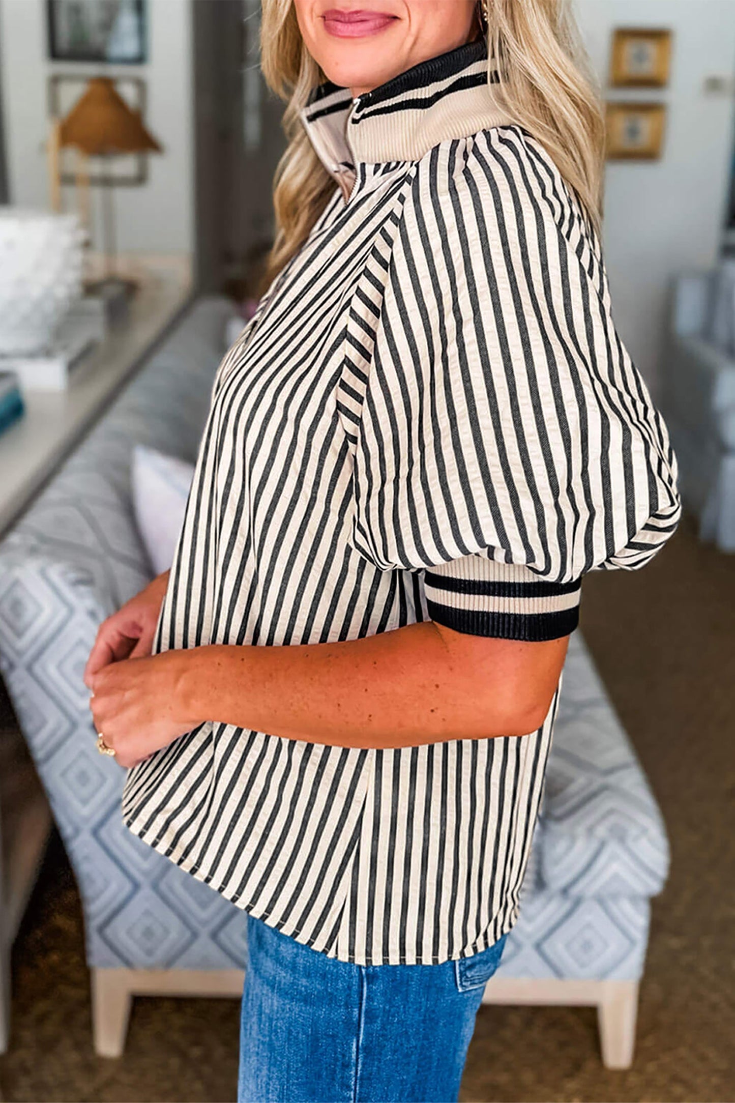 Stripe Polo Collar Half Zip Puff Sleeve Blouse