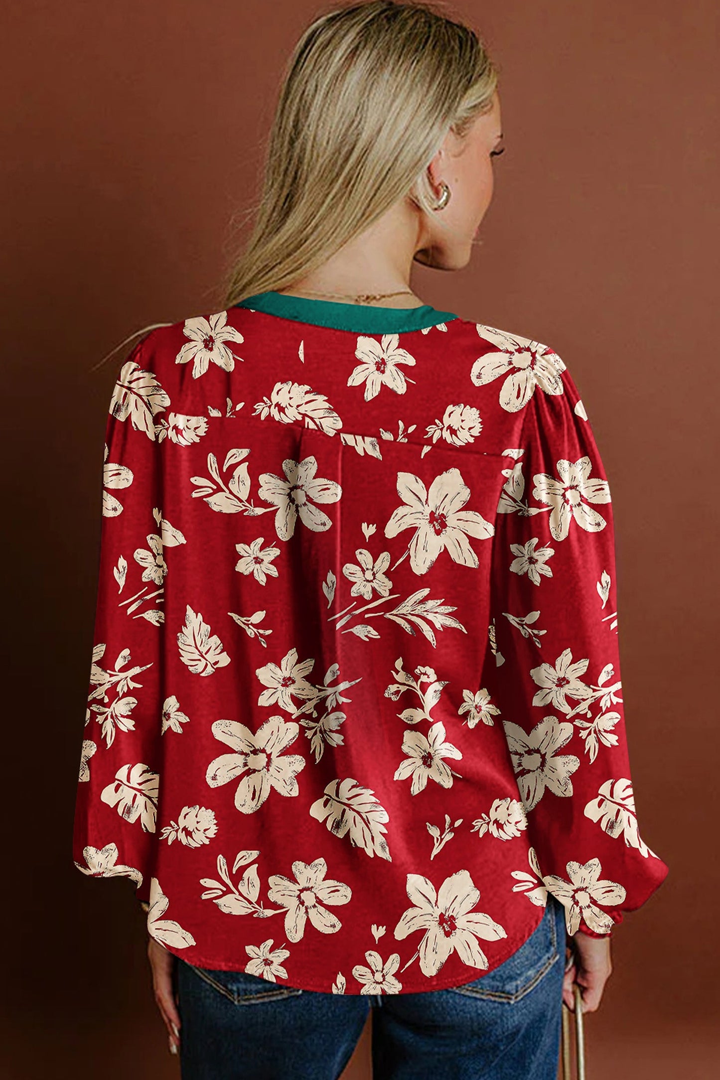 Flower Tied Neck Shirred Puff Sleeve Blouse