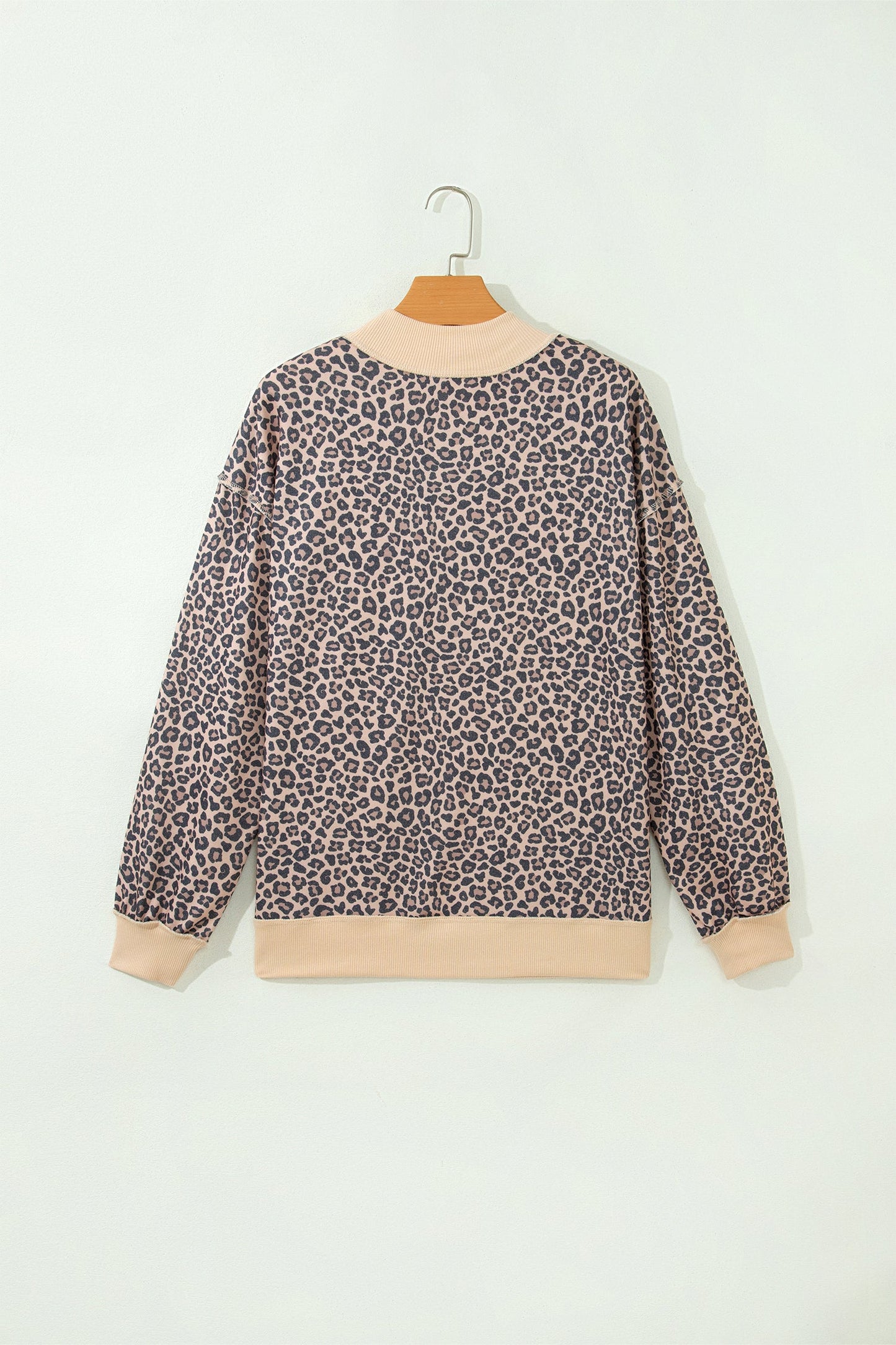 Leopard Ribbed Trim High Neck Long Sleeve Sweatshirt