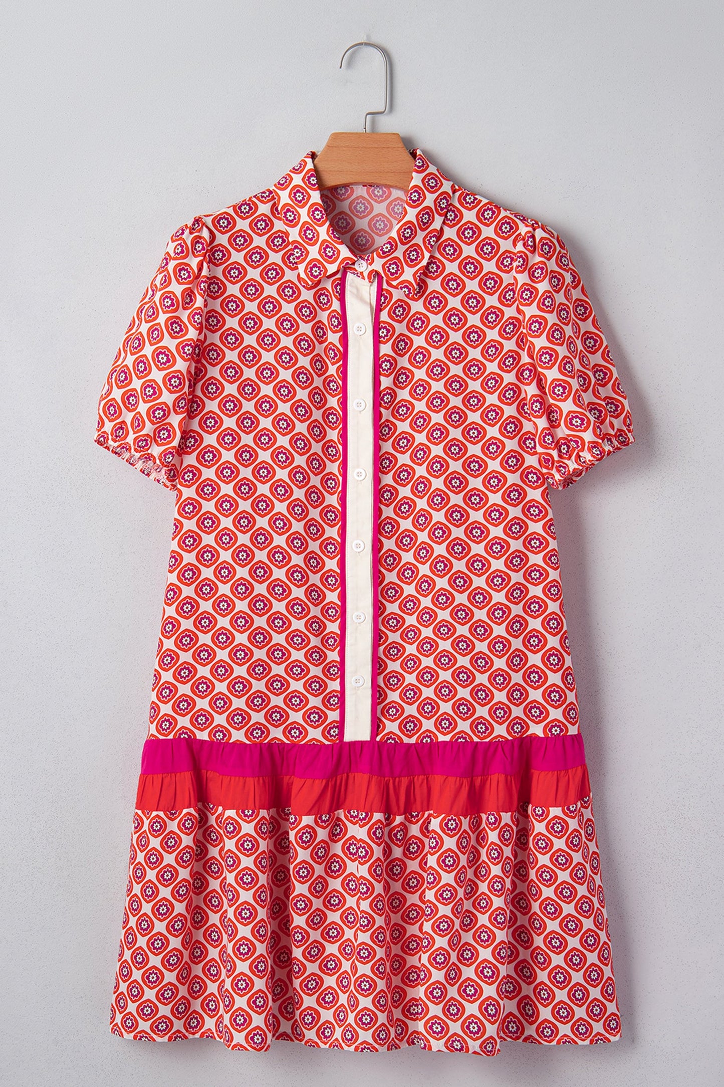 Floral Geometric Colorblock Ruffle Hem Dress