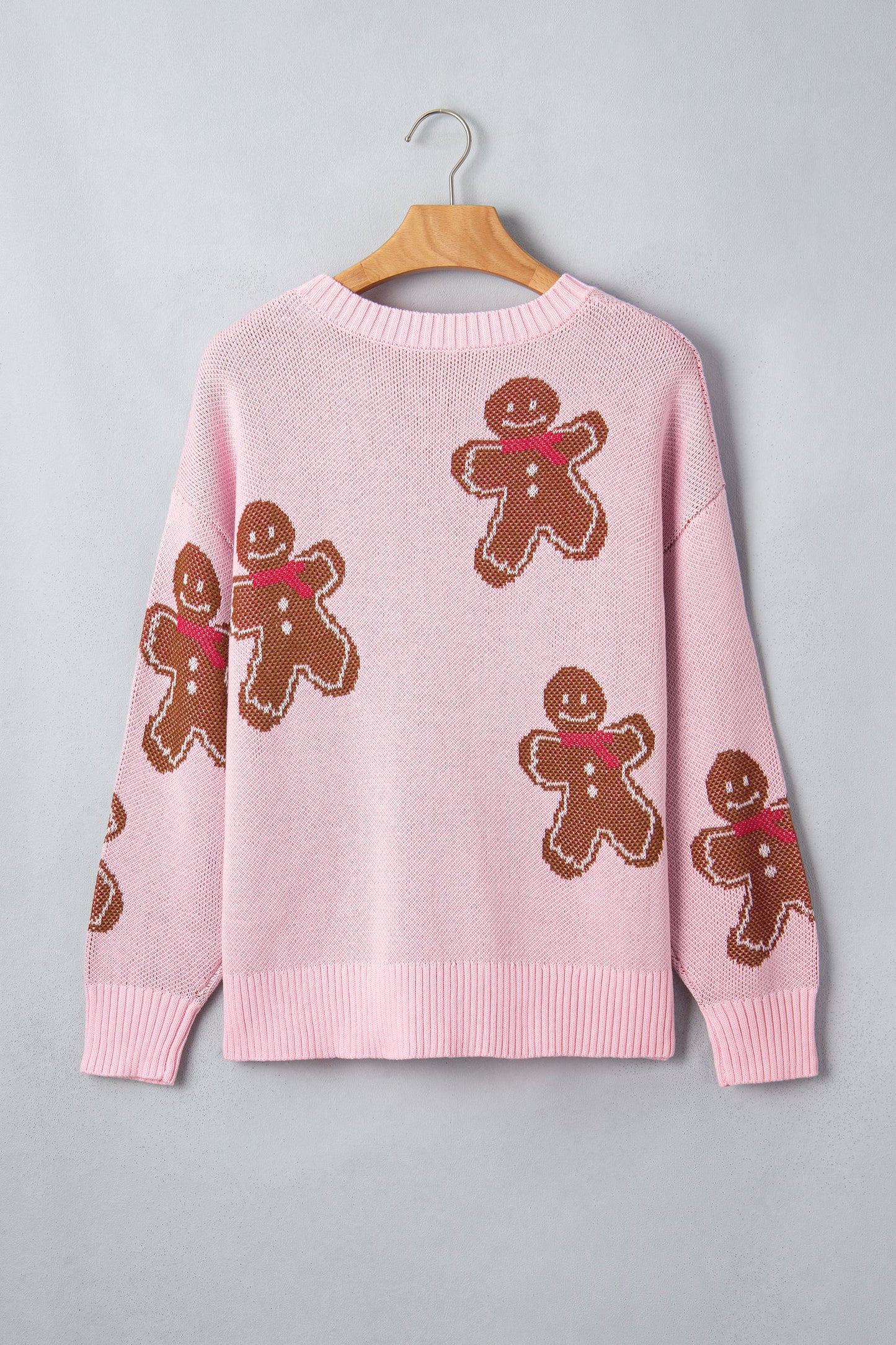 Christmas Gingerbread Ribbed Trim Round Neck Sweater