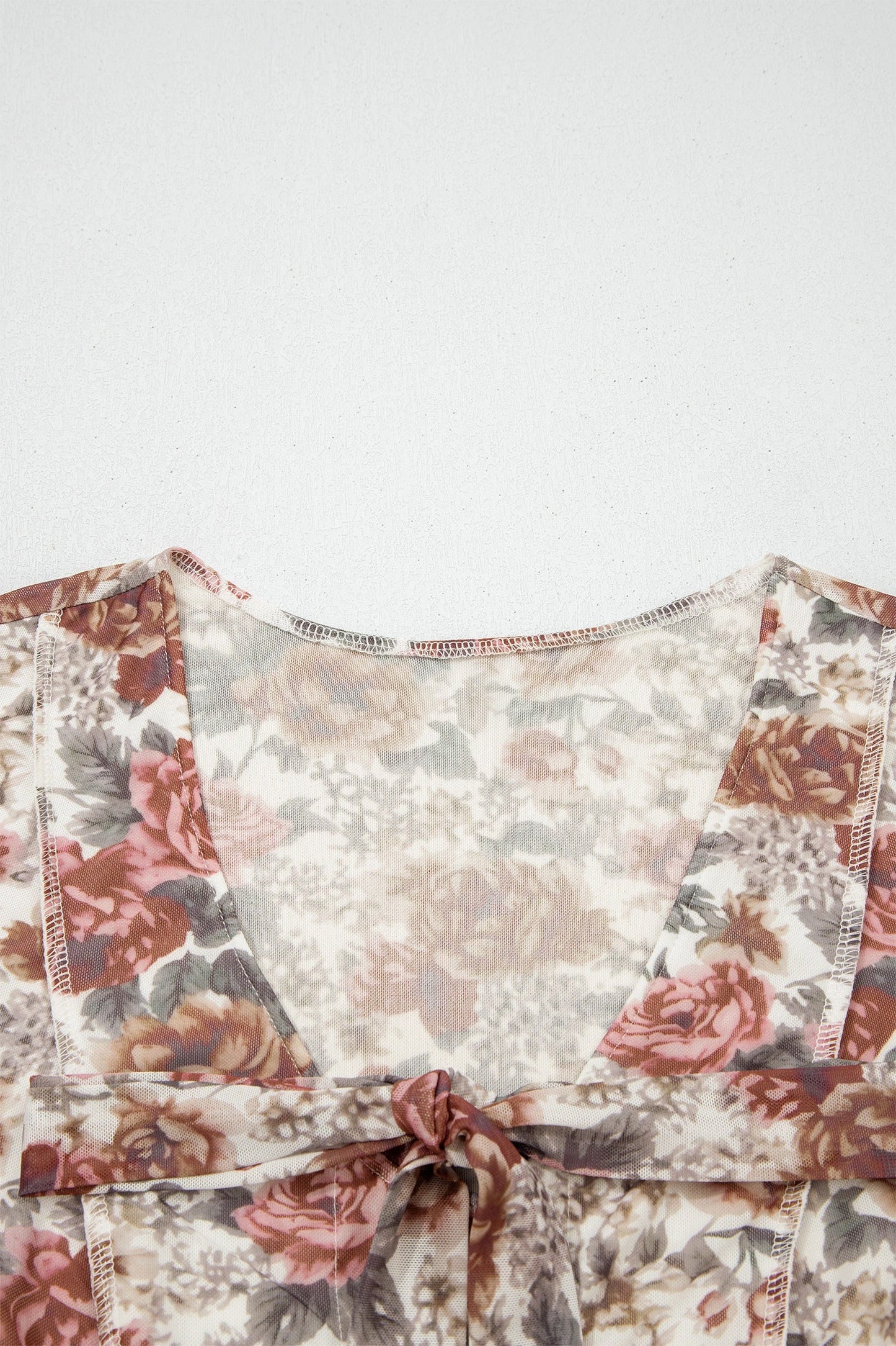 Floral Stitch Tie V-Neck Bell Sleeve Blouse
