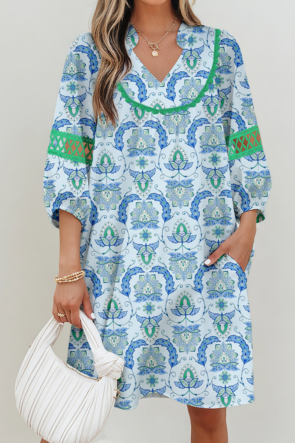 Paisley Patchwork Contrast Bracelet Sleeve Mini Dress