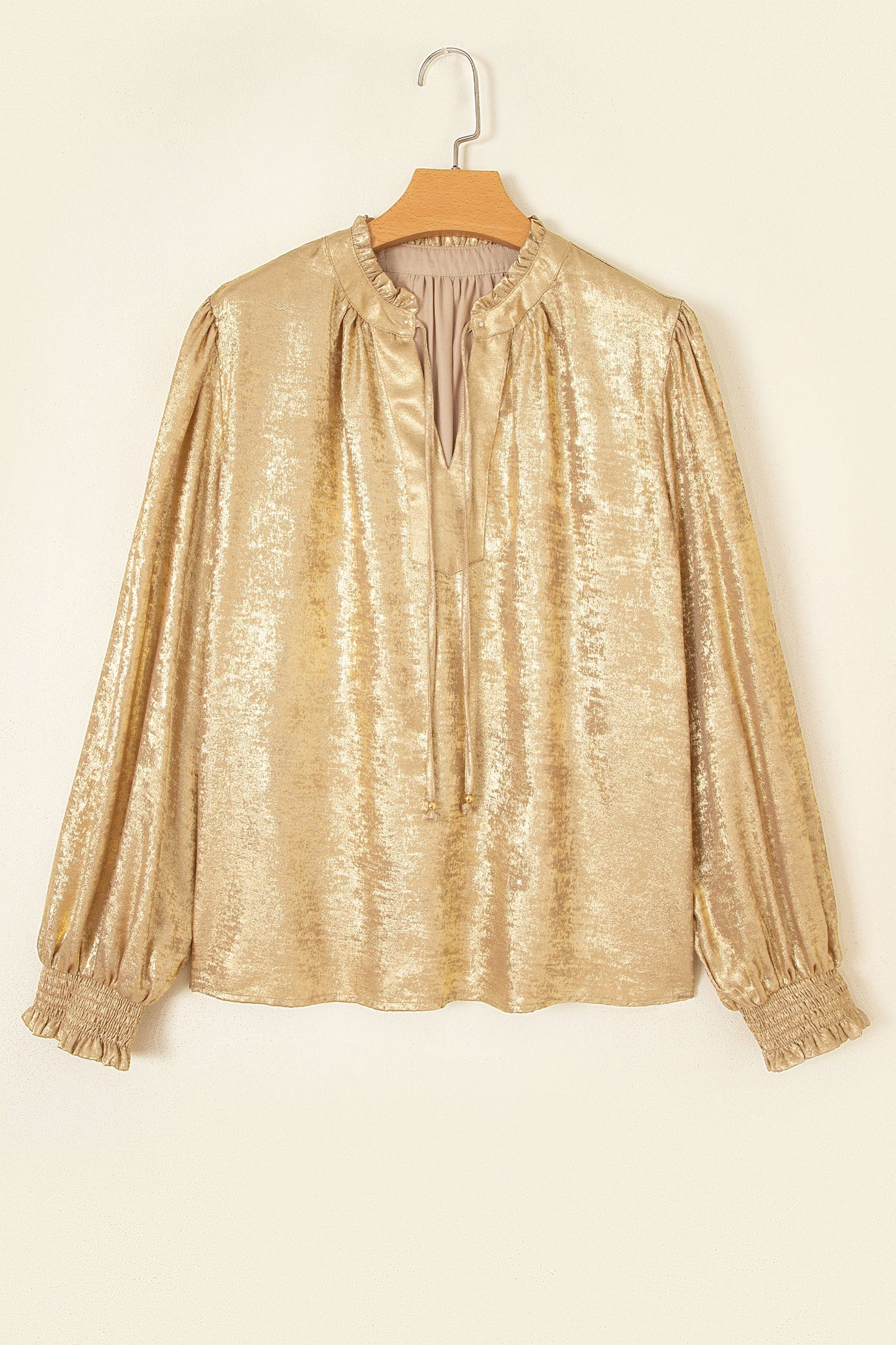 Metallic Tie V-Neck Long Sleeve Blouse