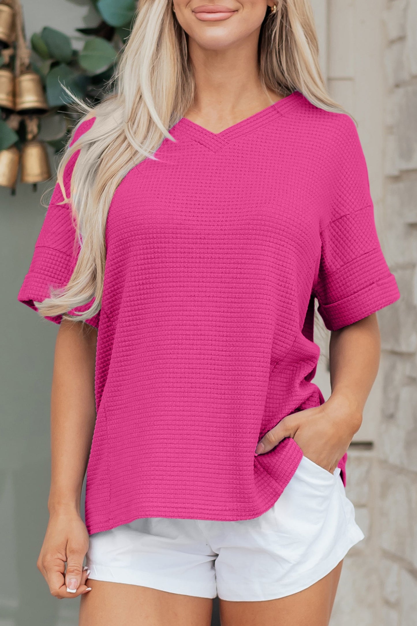 Solid Waffle Knit V-Neck Short Sleeve Top