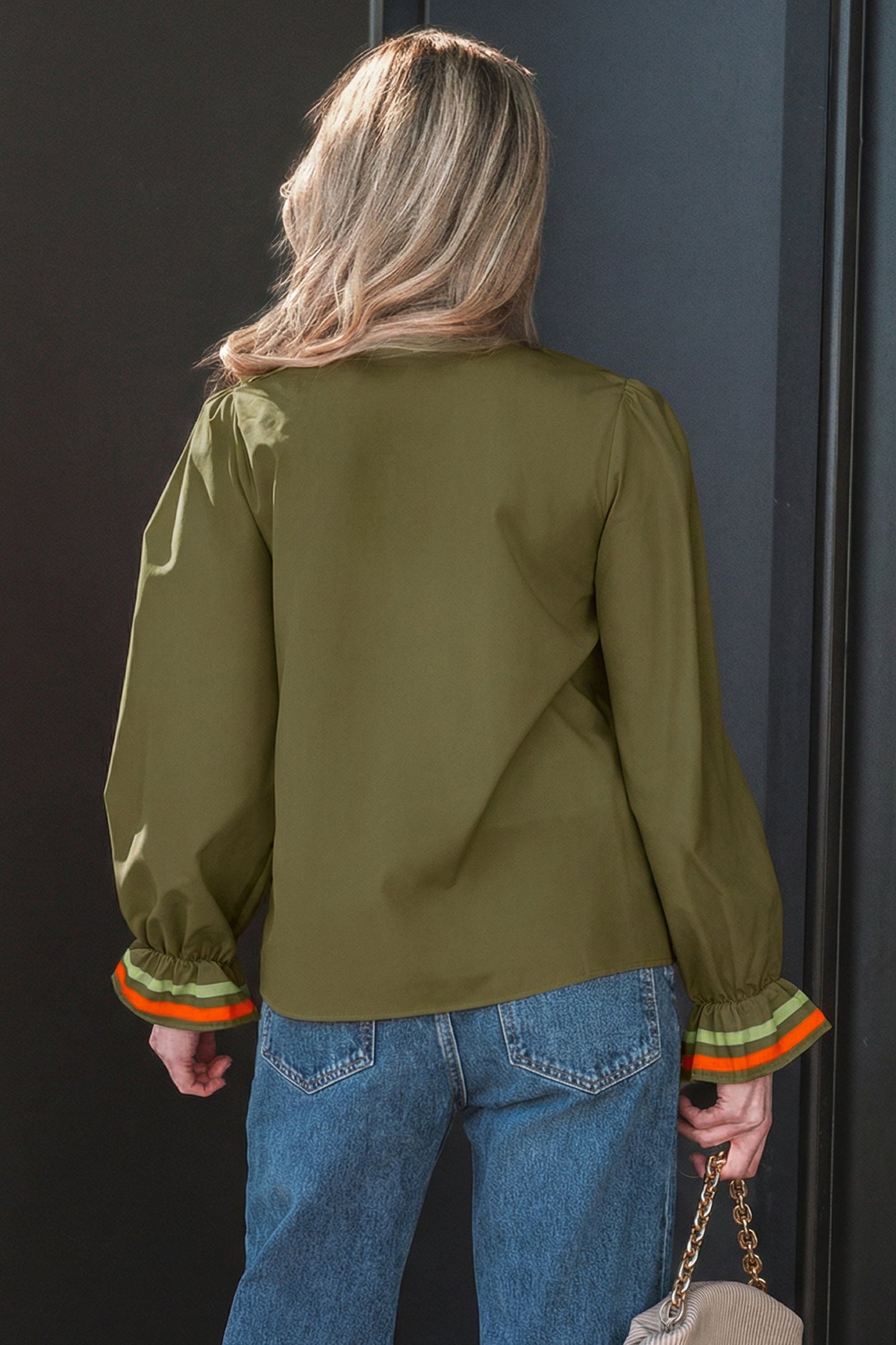 Stripe Trim Ruffle Split Neck Long Sleeve Blouse