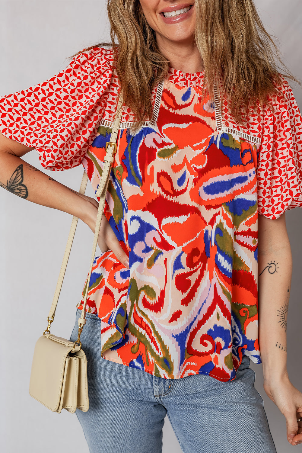 Paisley Geometric Patchwork Puff Sleeve Blouse