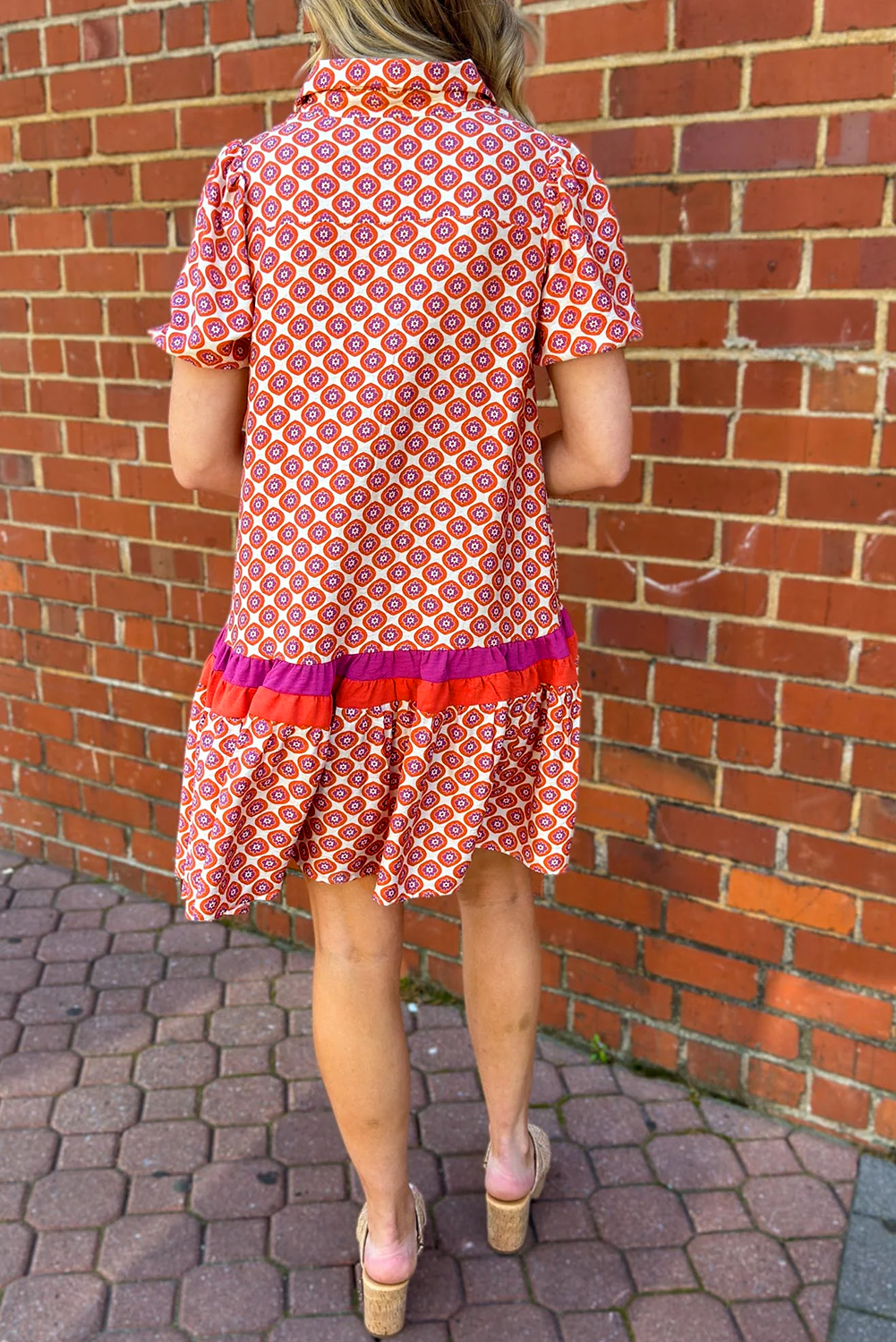 Floral Geometric Colorblock Ruffle Hem Dress