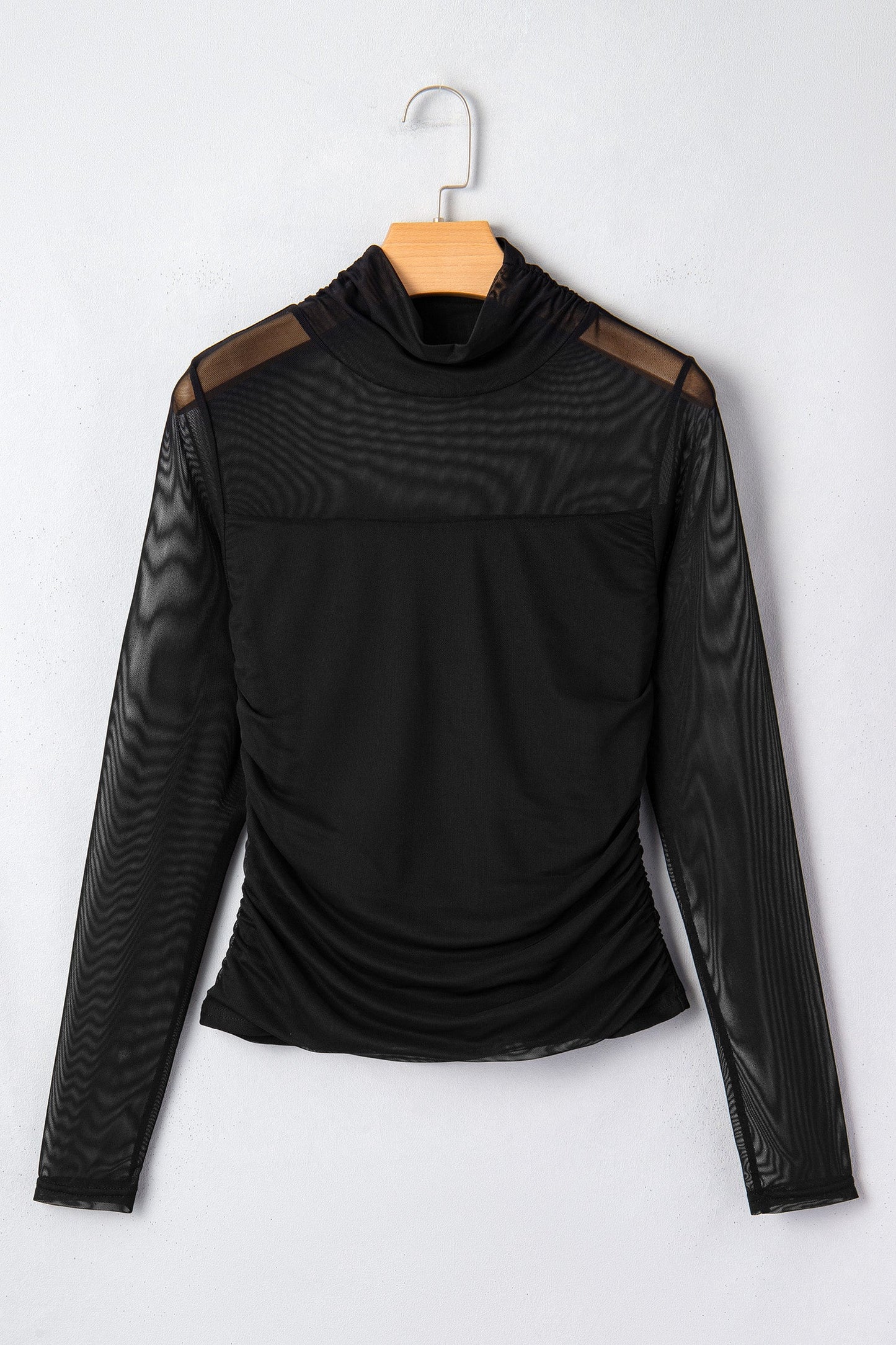 Sheer Mesh Patchwork High Neck Long Sleeve Top