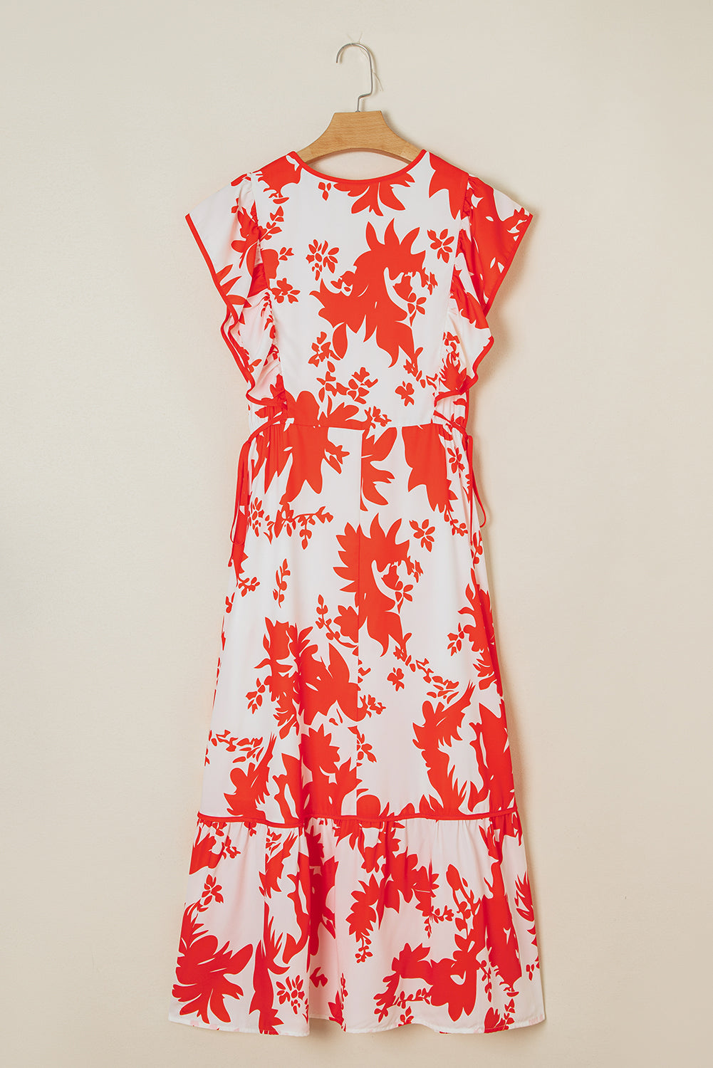 Floral Trim V-Neck Ruffle Sleeve Long Dress