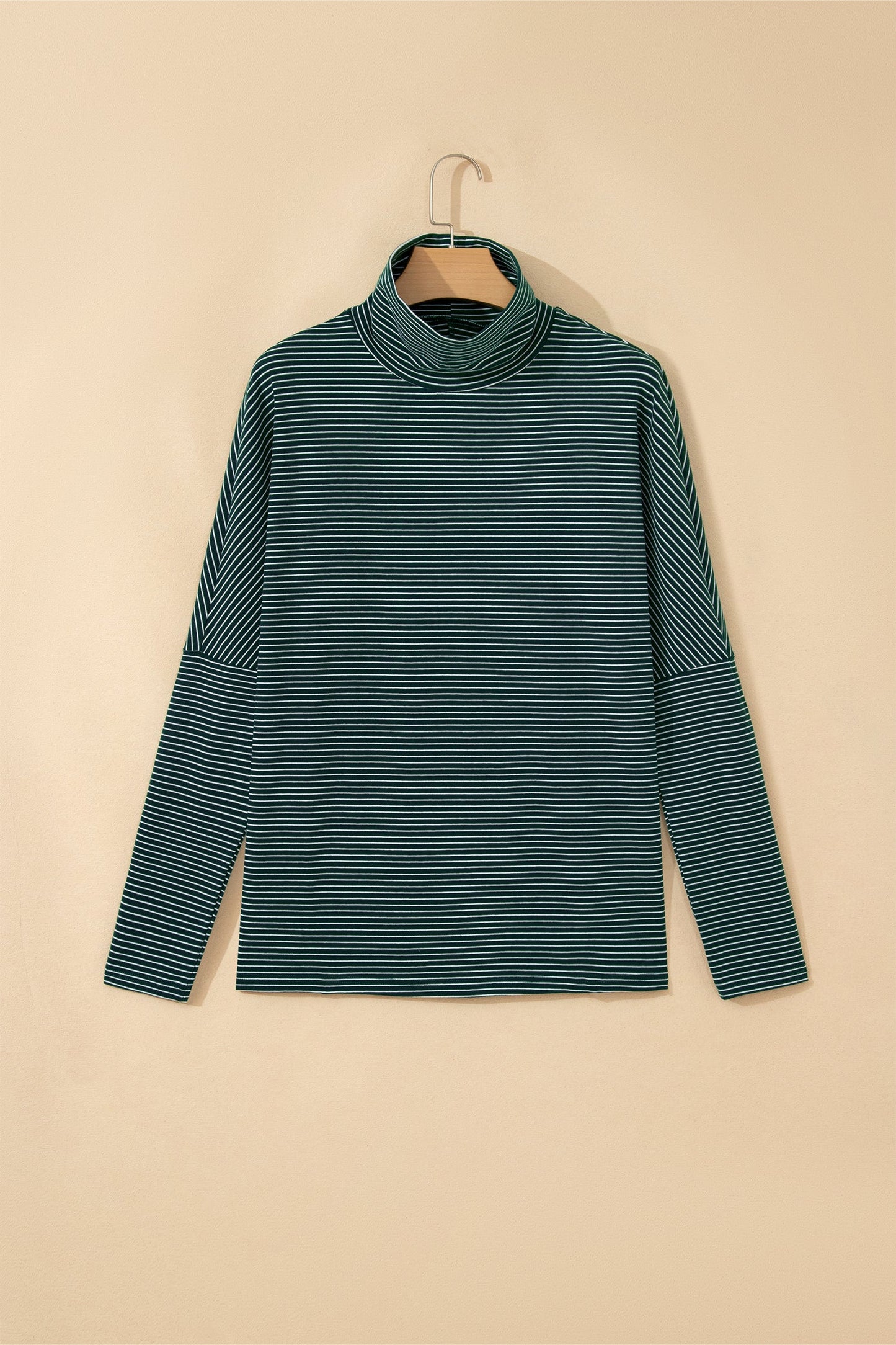 Stripe High Neck Drop Shoulder Long Sleeve Top