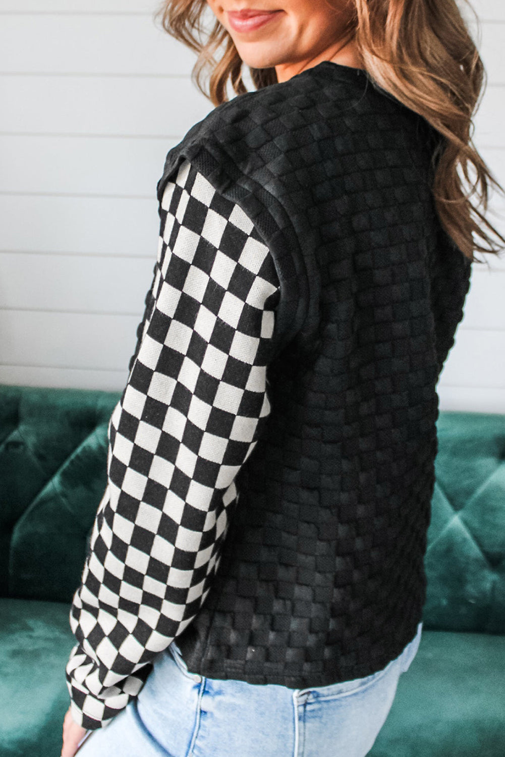 Checker Textured Patchwork Long Sleeve Top