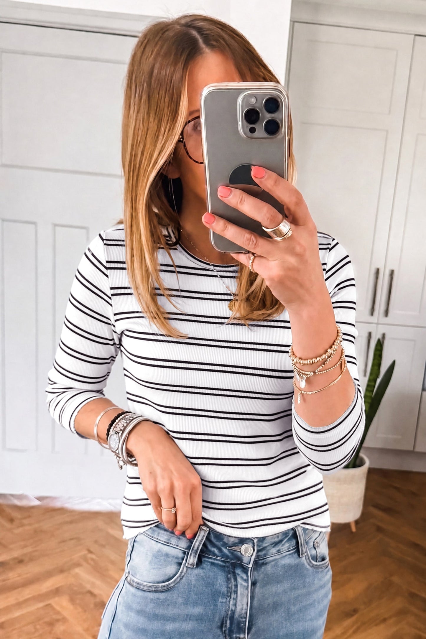 Stripe Ribbed Knit Round Neck Long Sleeve Top