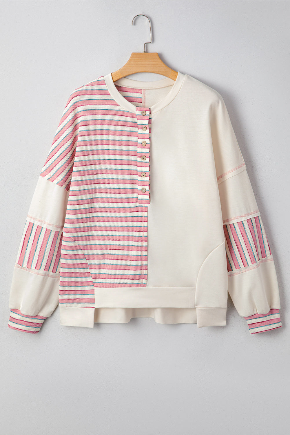 Khaki Stripe Stitched Detail Color Block Patchwork Oversized Pullover Top