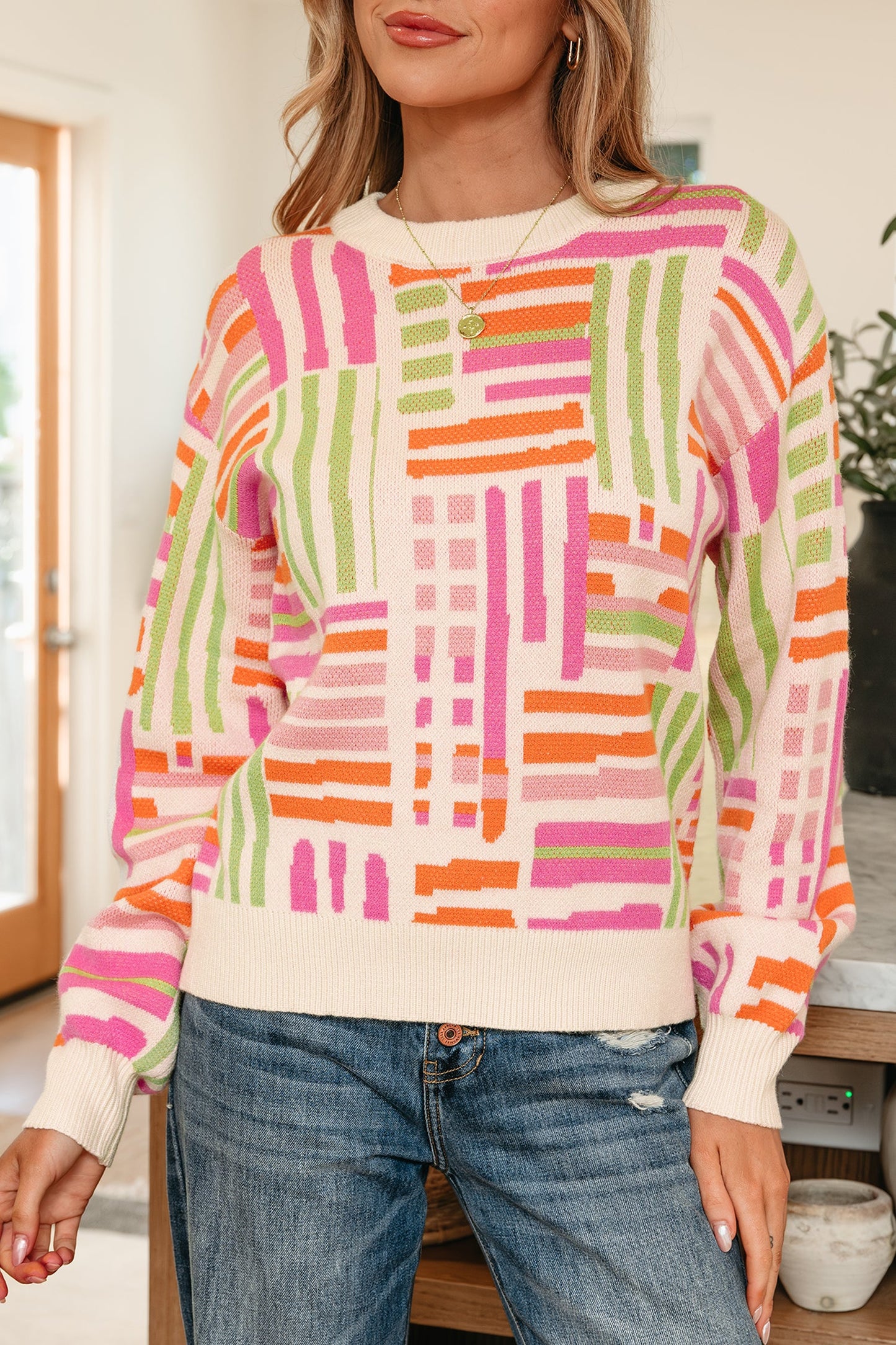 Geometric Stripe Crewneck Puff Sleeve Sweater