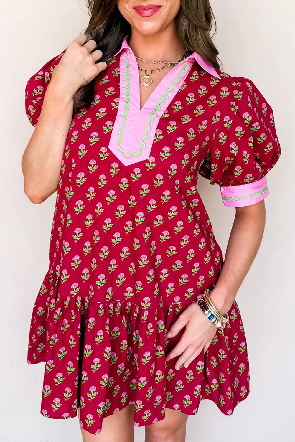 Floral V-Neck Short Bubble Sleeve Mini Dress