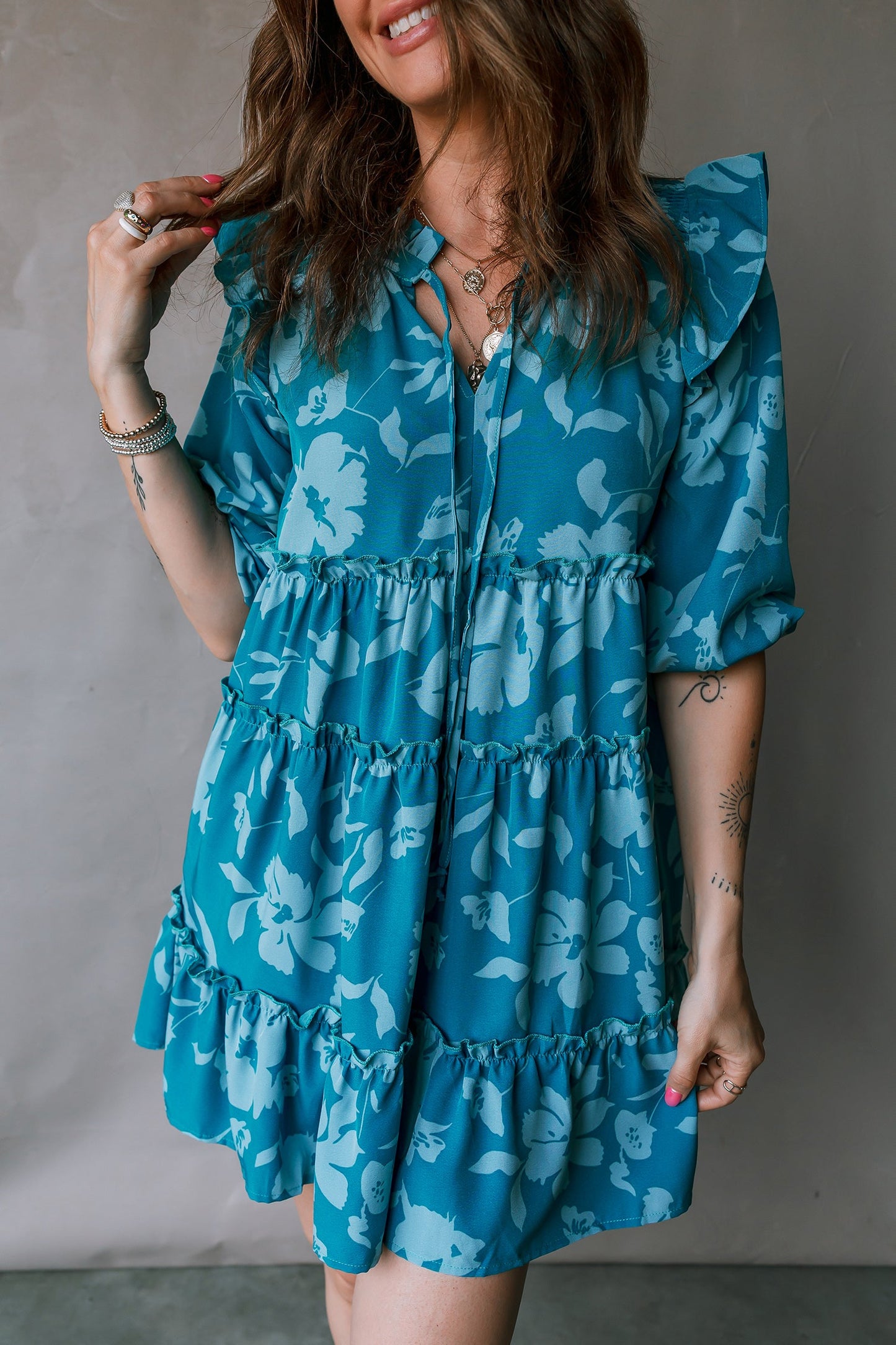 Flower 3/4 Sleeve Ruffle Tiered Dress