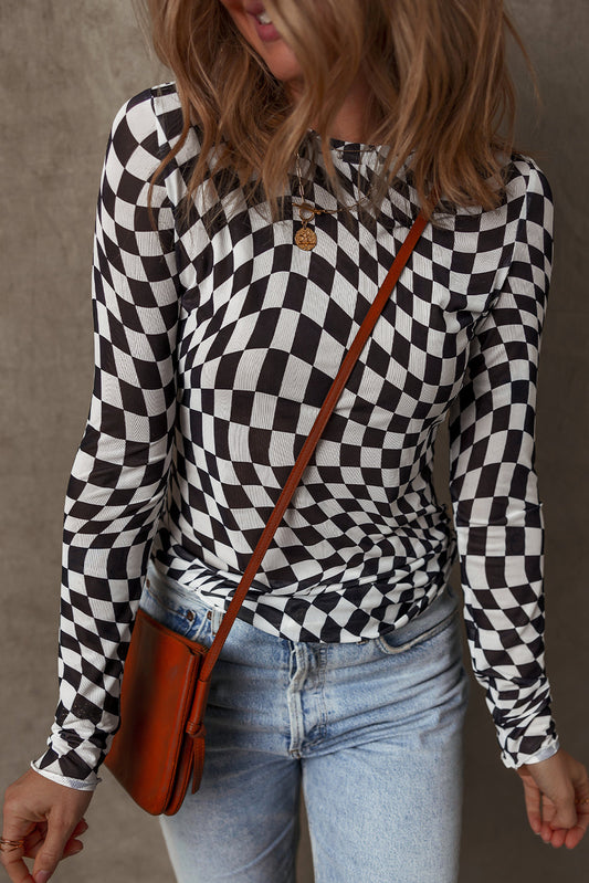 Checker Mesh Long Sleeve Top
