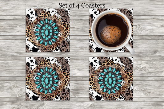 Turquoise Concho and Leopard Neoprene 4 Inch Square Coasters - Set of 4