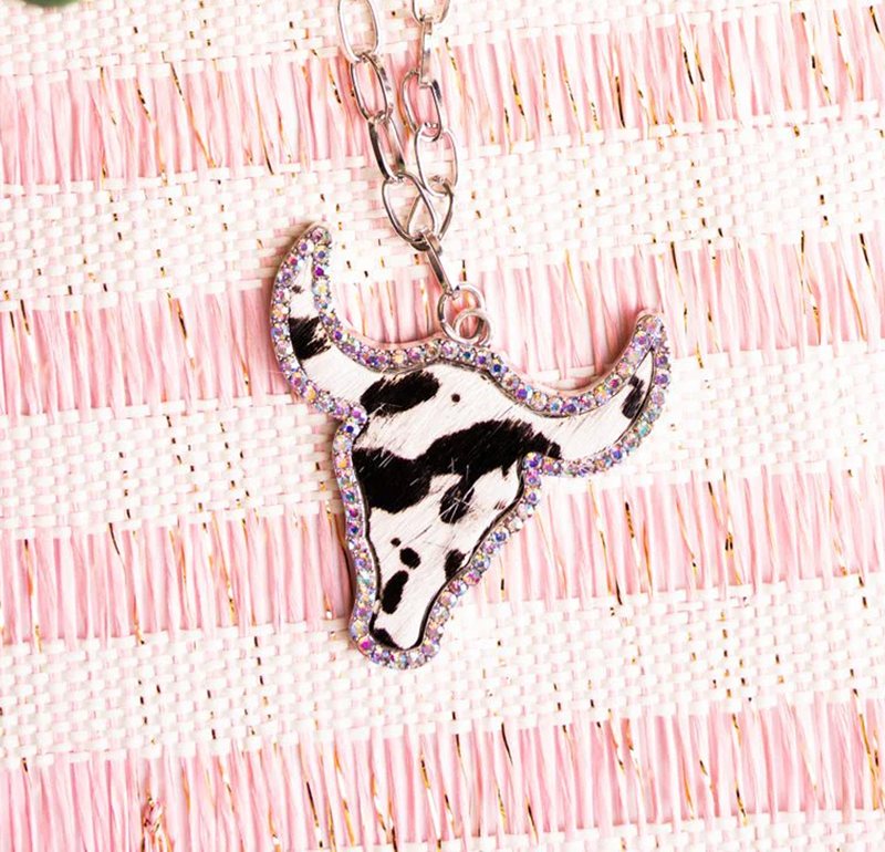 Crystal Avenue Iridescent Crystal Black Cow Steer Pendant Silvertone Necklace 18"