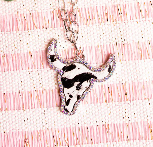 Crystal Avenue Iridescent Crystal Black Cow Steer Pendant Silvertone Necklace 18"