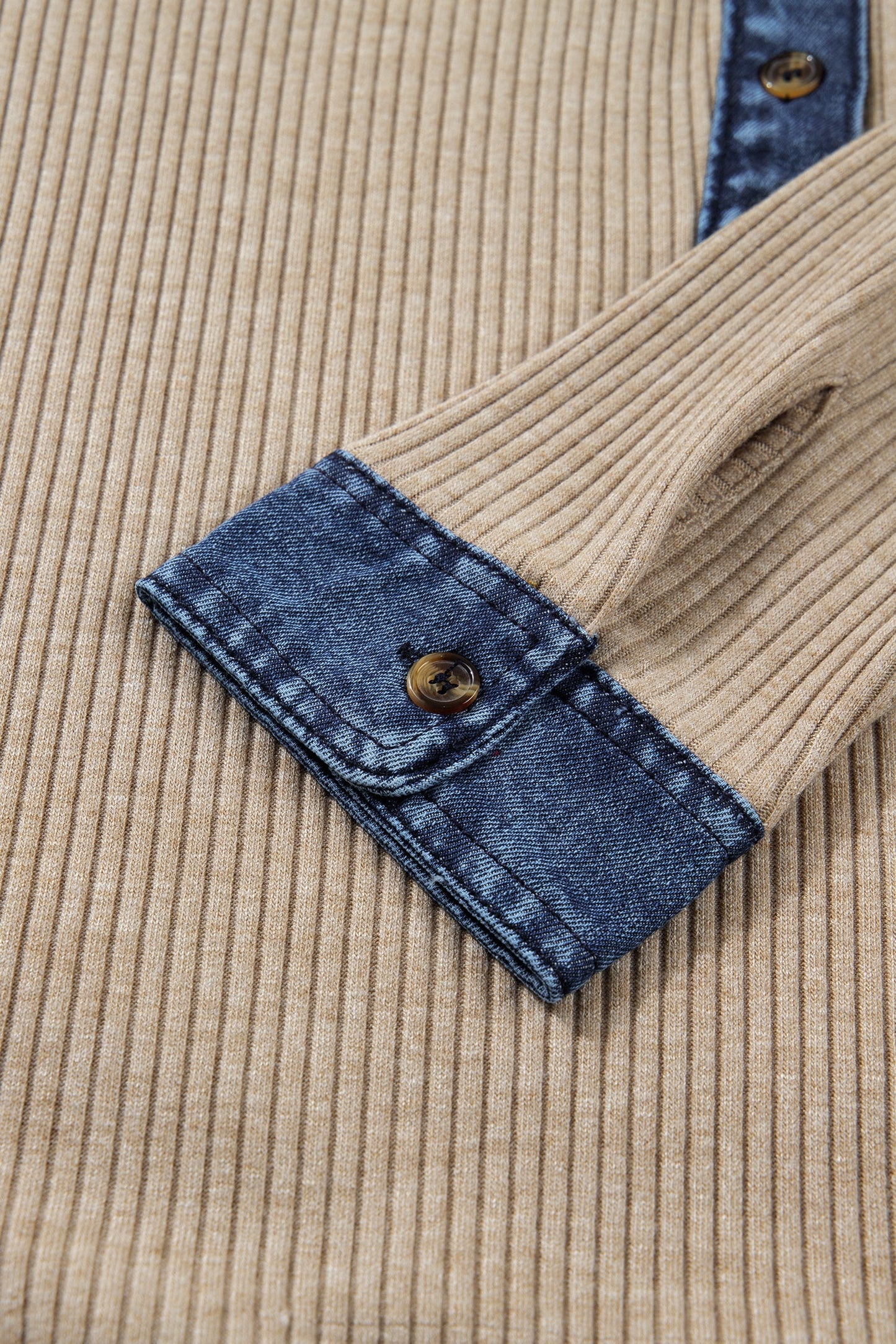 Ribbed Knit Denim Patchwork Button Polo Top