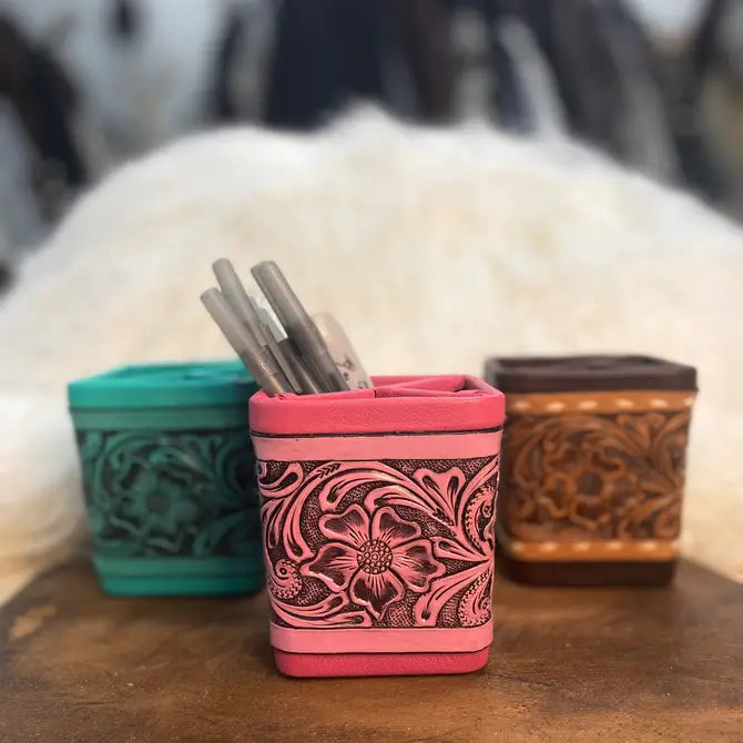 Pink Tooled Leather Pencil Holder