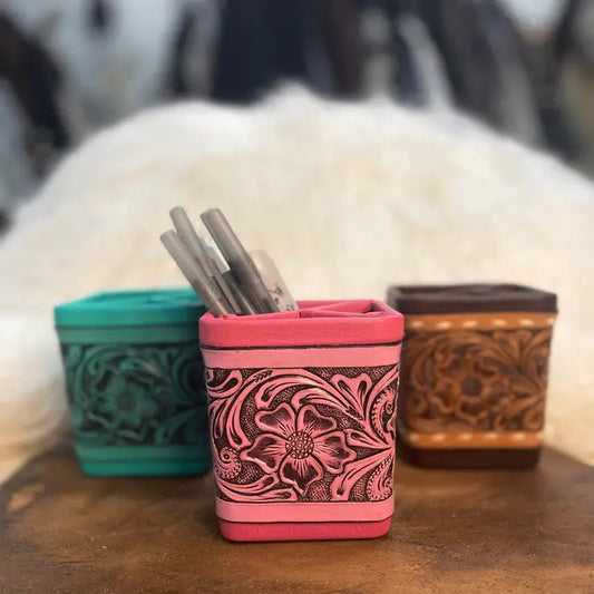 Pink Tooled Leather Pencil Holder