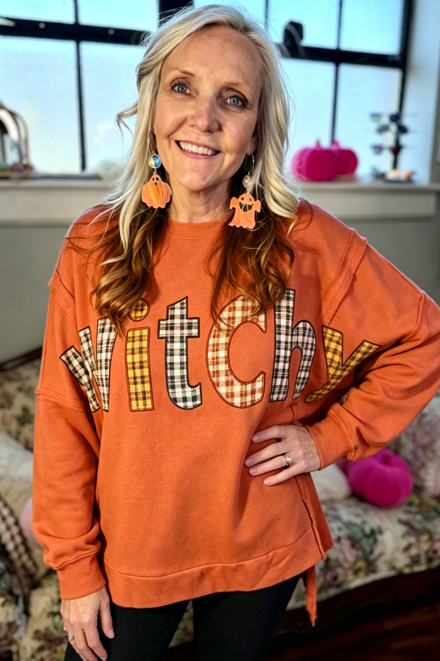 Halloween Witchy Plaid Patchwork Exposed Seam Sweatshirt
