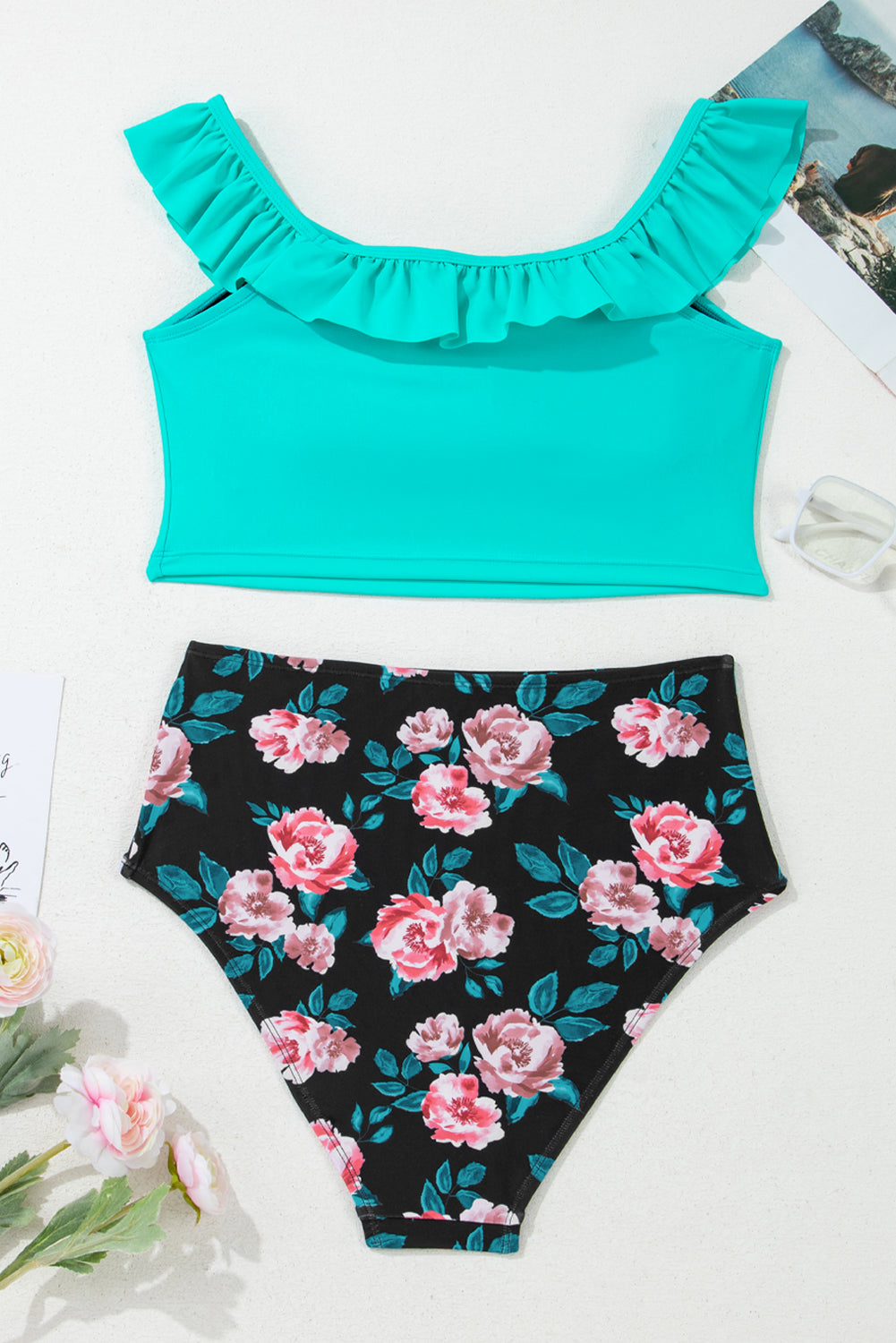 Ruffle Square Neck Swim Top and Floral Shorts